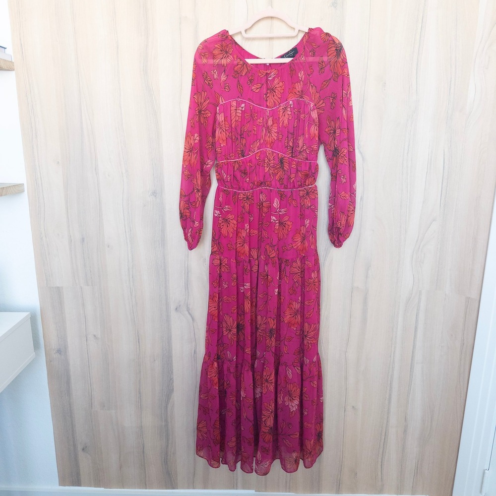 Floral Maxi Dress Small Pink Long Sleeve Tiered Boho Romantic Peasant Garden